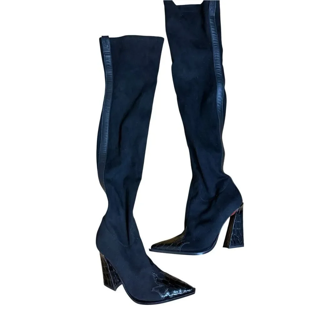 NEW SONORA Over Knee Pasilla Croc-Detail Black Boots 39 US 8 Black Italy $1403